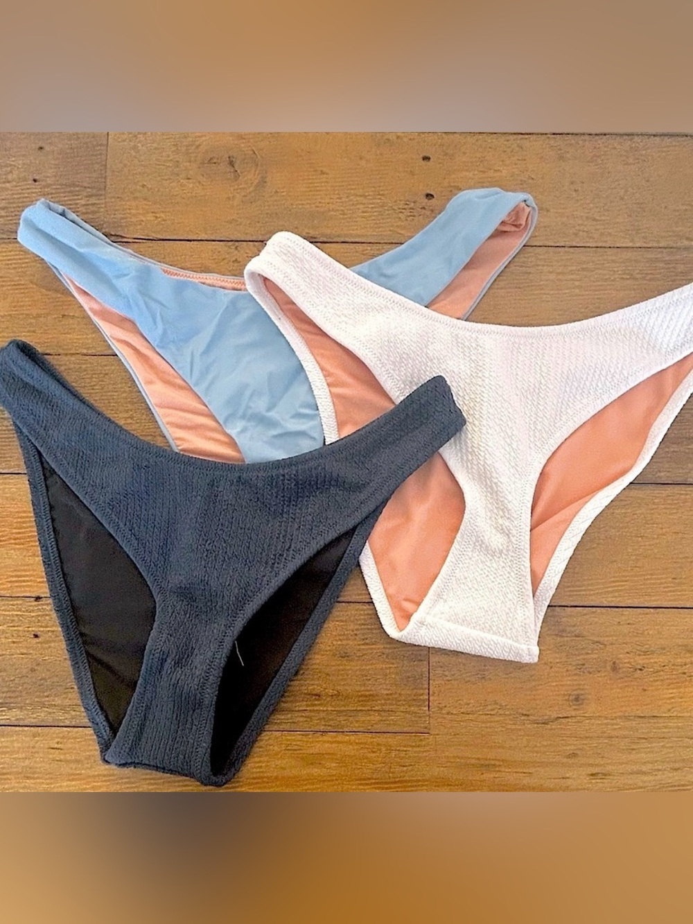 J.Crew Set of 3 High Leg Bikini Bottoms Blue White Textured Swim Bundle Size M